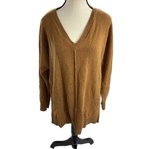 Tahari Womens S Camel Brown V Neck Long Sleeve Oversized Sweater Pullover